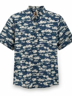 Kahala Vintage Casual Short-Sleeve Blue Palm-Print Button-Down Shirt